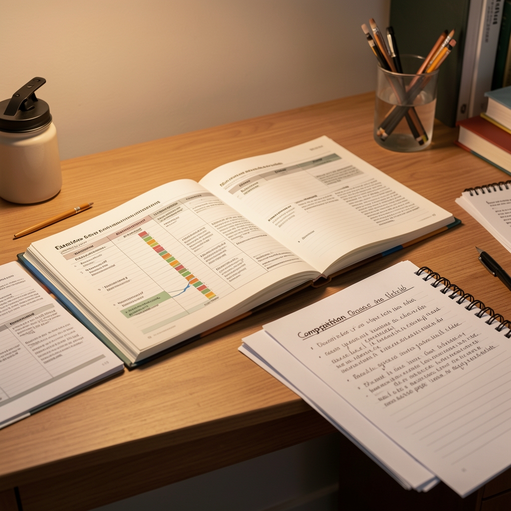 An organized desk with open research notebooks, printed nutrition studies, and handwritten composition notes under warm studio lighting