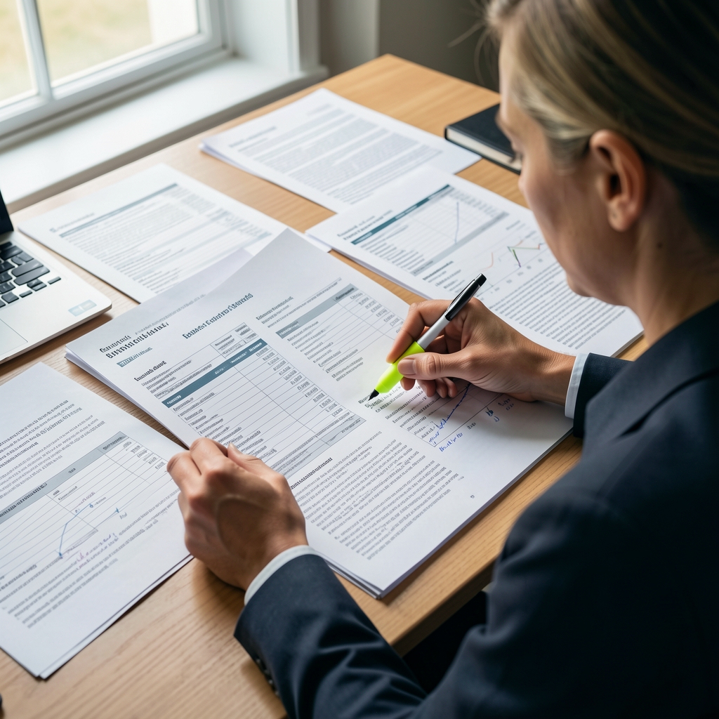 Research analyst reviewing printed nutritional science journal articles spread across a desk with a highlighter and annotation notes