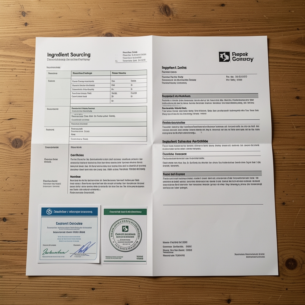Ingredient sourcing documentation laid flat on a wooden table, showing supplier chain-of-custody paperwork and ingredient certificates