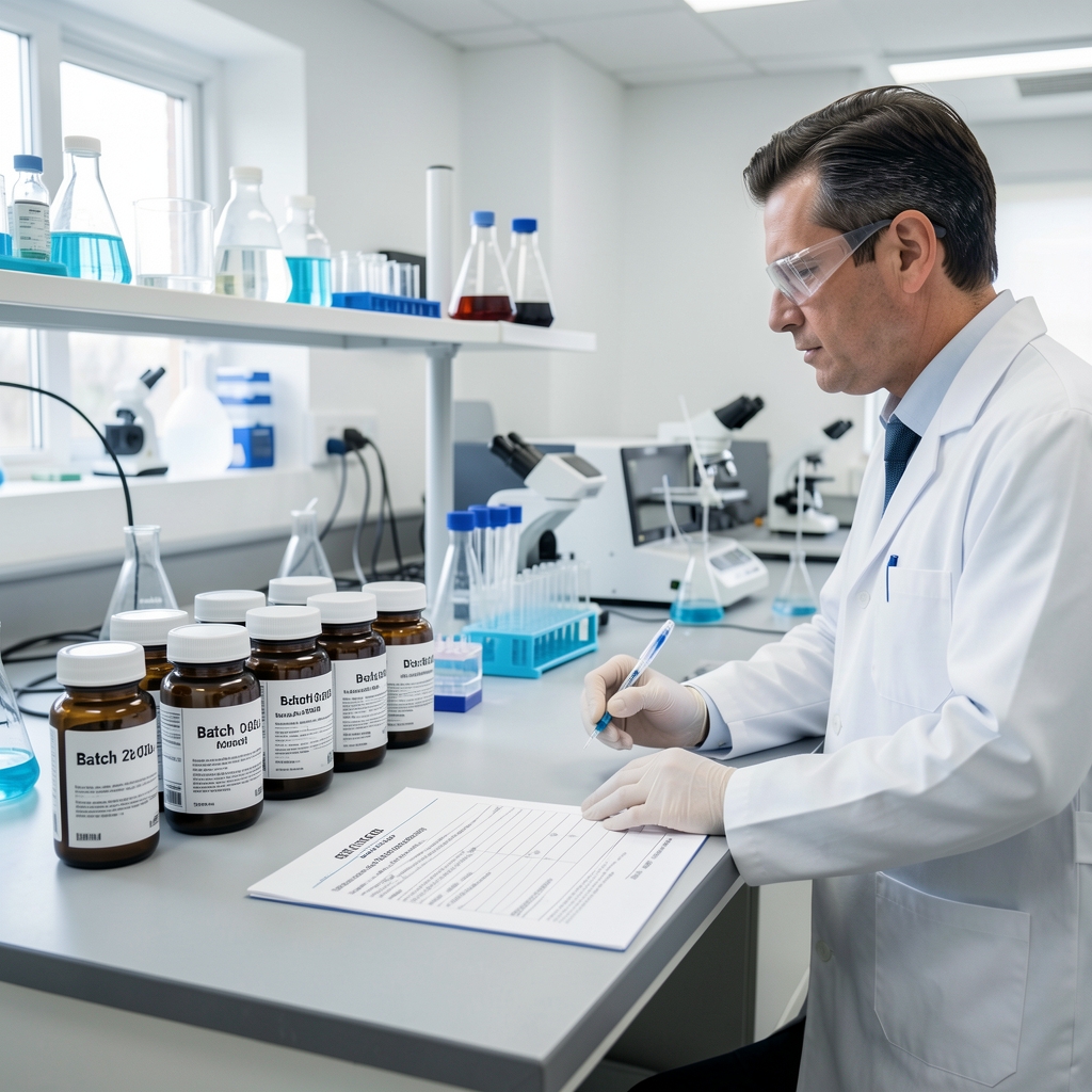 Quality-control bench with batch-coded supplement containers, printed laboratory verification report, and a scientist in a clean workspace under bright studio lighting