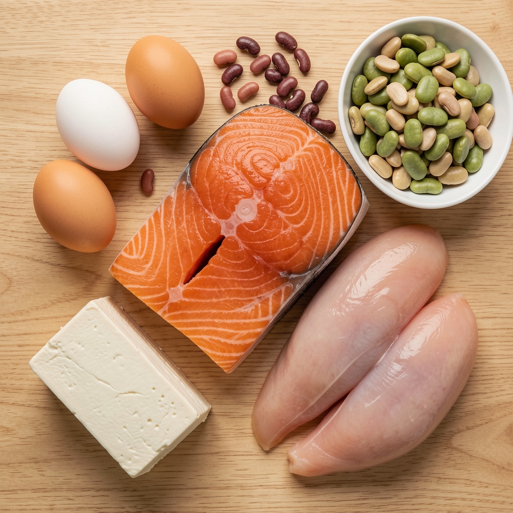Overhead arrangement of diverse whole-food protein sources including eggs, salmon, legumes, tofu, and chicken breast on a clean wooden surface