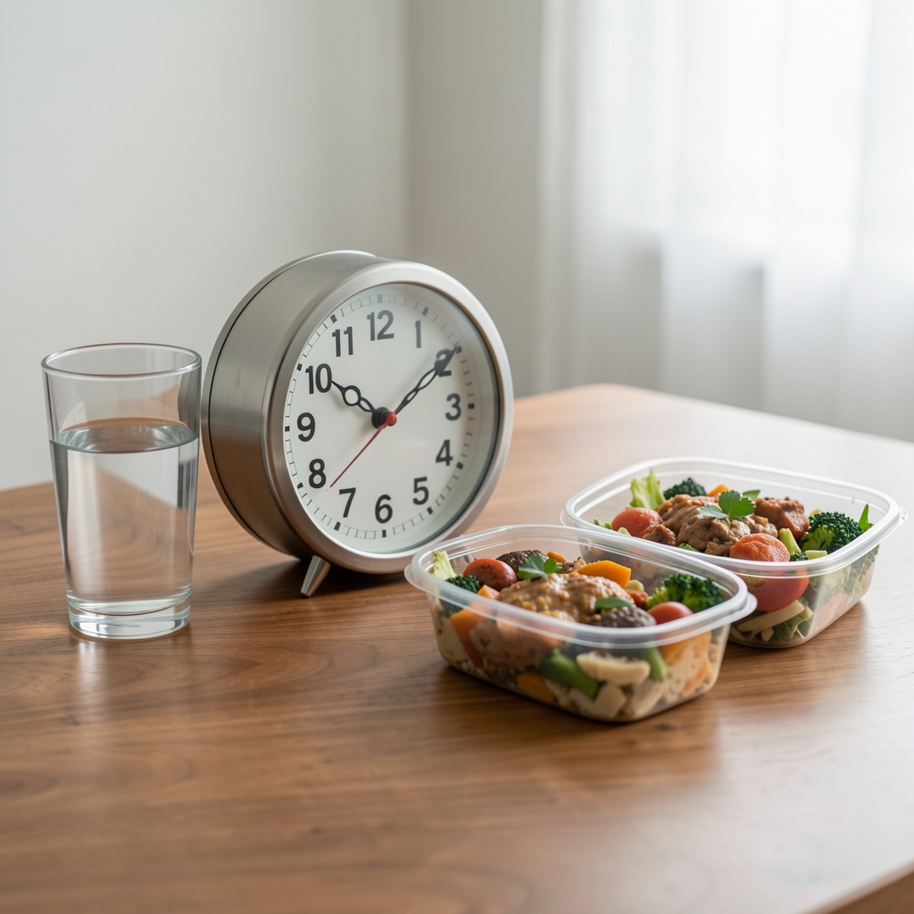Clock on a table next to a water glass and two prepared meal containers, representing the visual concept of a structured eating window