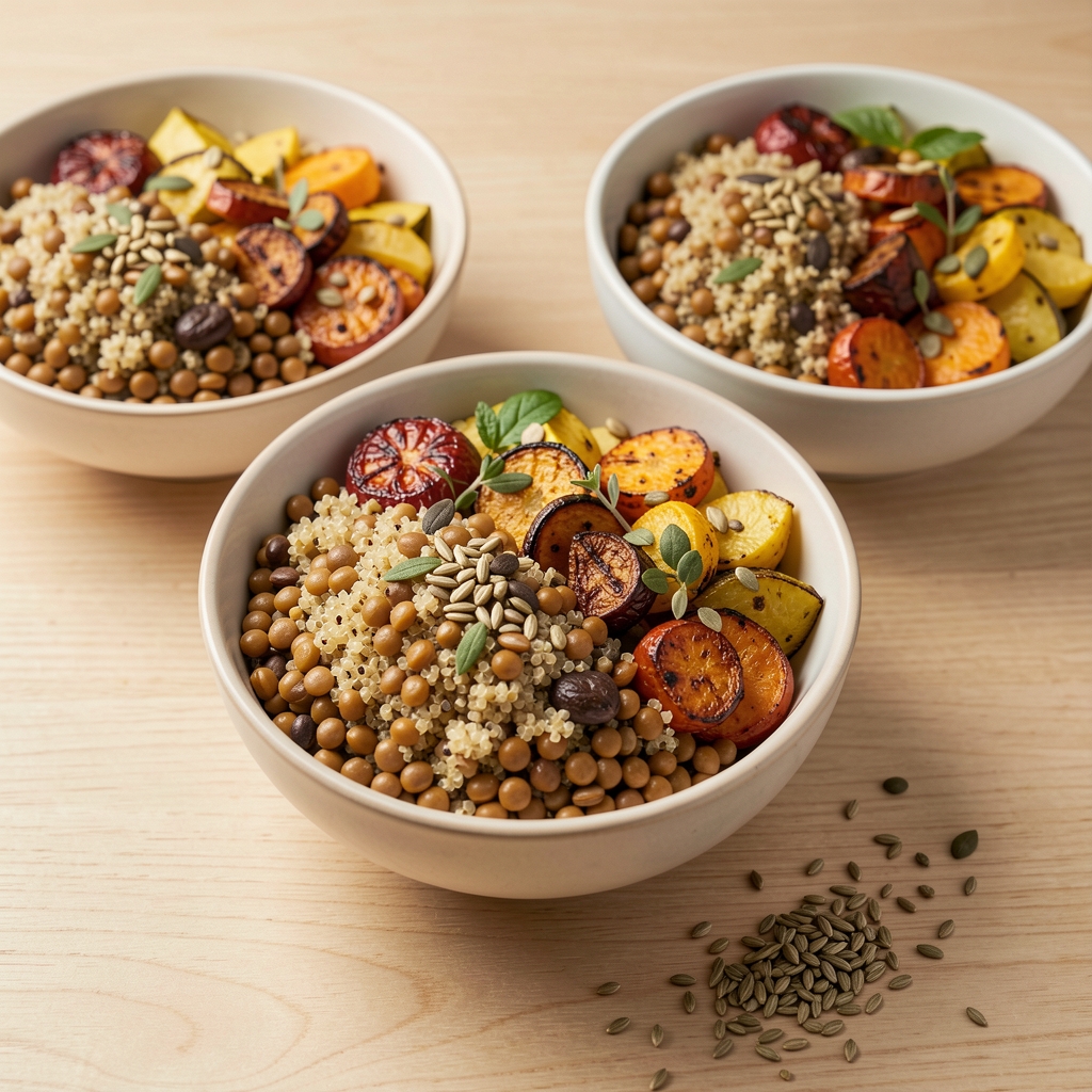 Colorful plant-based meal bowls with lentils, quinoa, roasted vegetables, and seeds arranged on a light wooden table