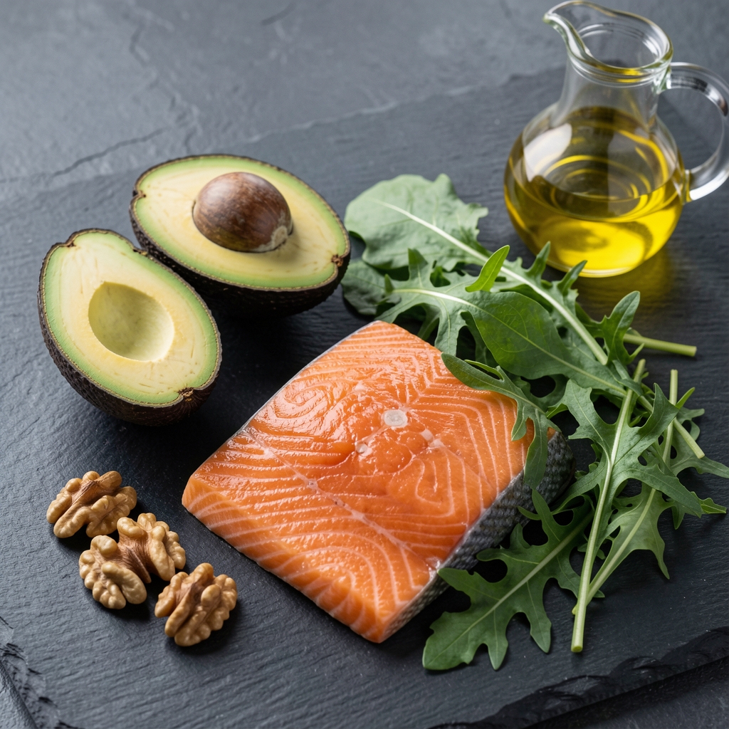 Keto-aligned meal arrangement with avocado halves, salmon fillet, walnuts, olive oil, and leafy greens on a dark slate surface