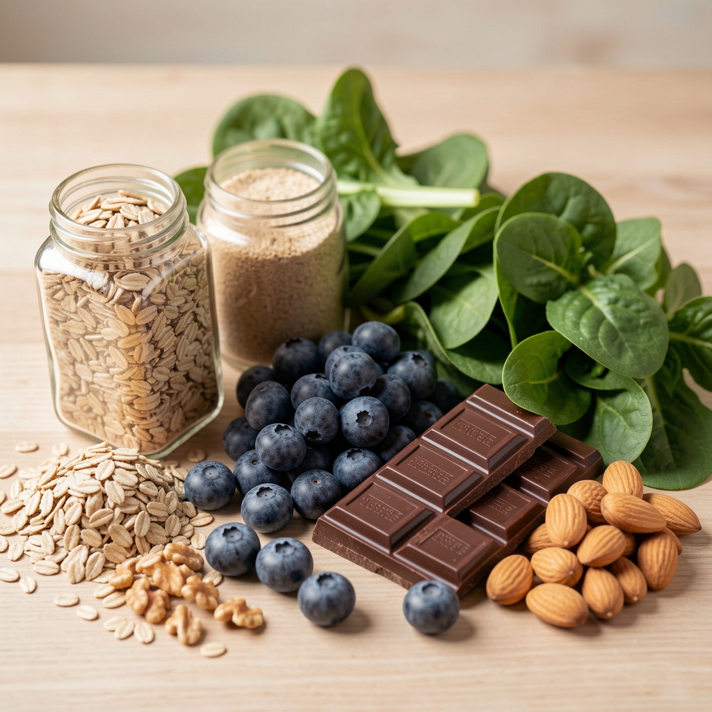 Selection of whole-grain foods, blueberries, dark chocolate, leafy greens, and nuts arranged to represent anti-aging and cognitive nutrition principles