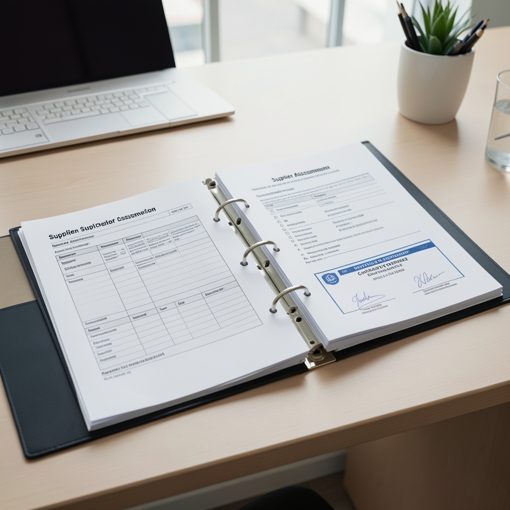 Supply chain documentation binder open on a table showing supplier assessment forms and certificates of composition in a clean workspace